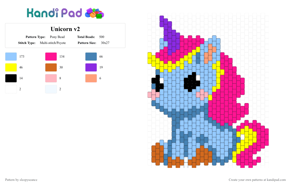 Unicorn v2 - Pony Bead Pattern by sleepyseance on Kandi Pad - light blue,pink