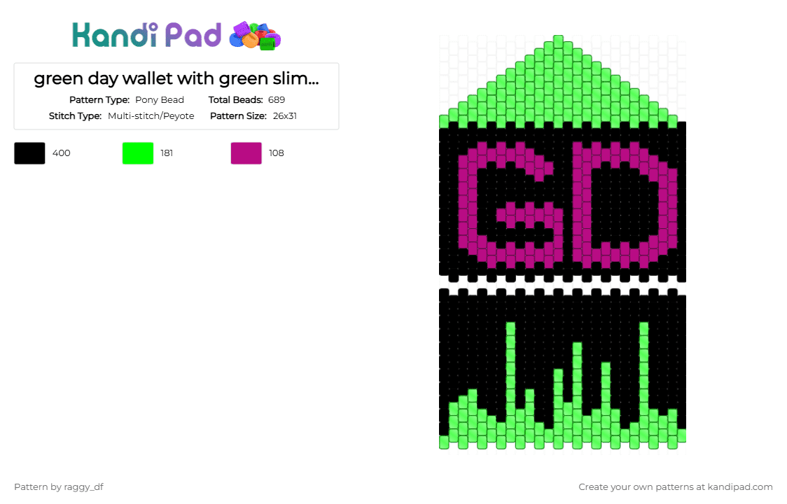 green day wallet with green slime stuff - Pony Bead Pattern by raggy_df on Kandi Pad - black, dark pink, green, green day, pink, wallet