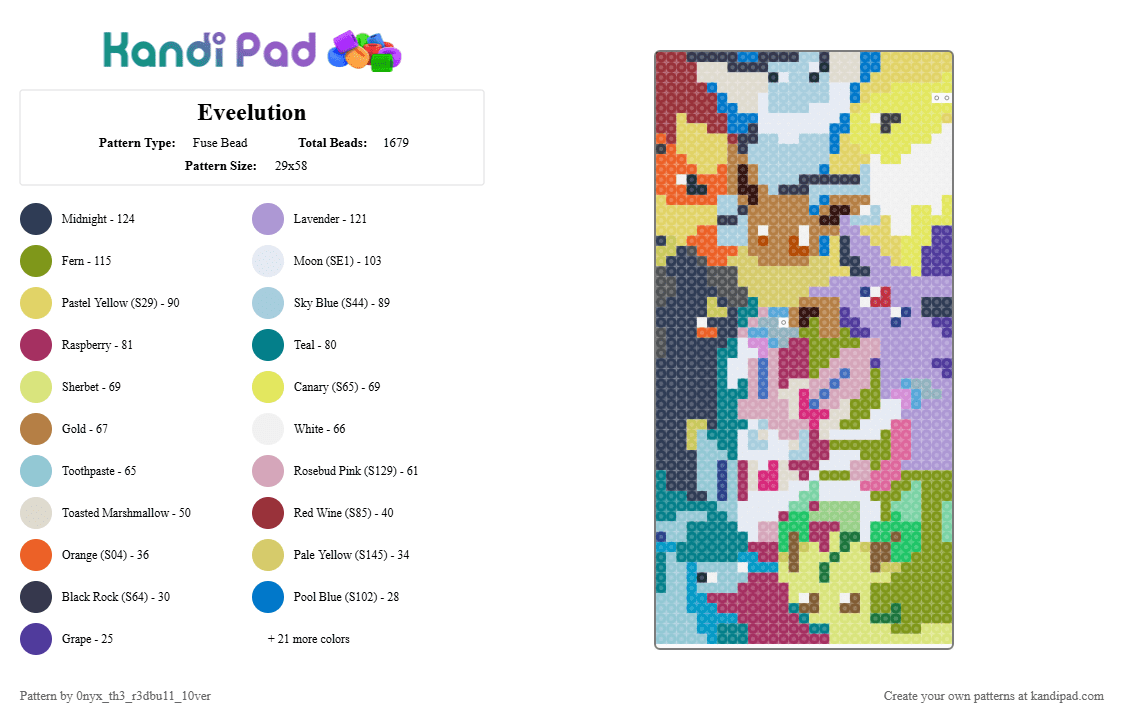 Eveelution - Fuse Bead Pattern by 0nyx_th3_r3dbu11_10ver on Kandi Pad - pink,teal,gold,purple,colorful