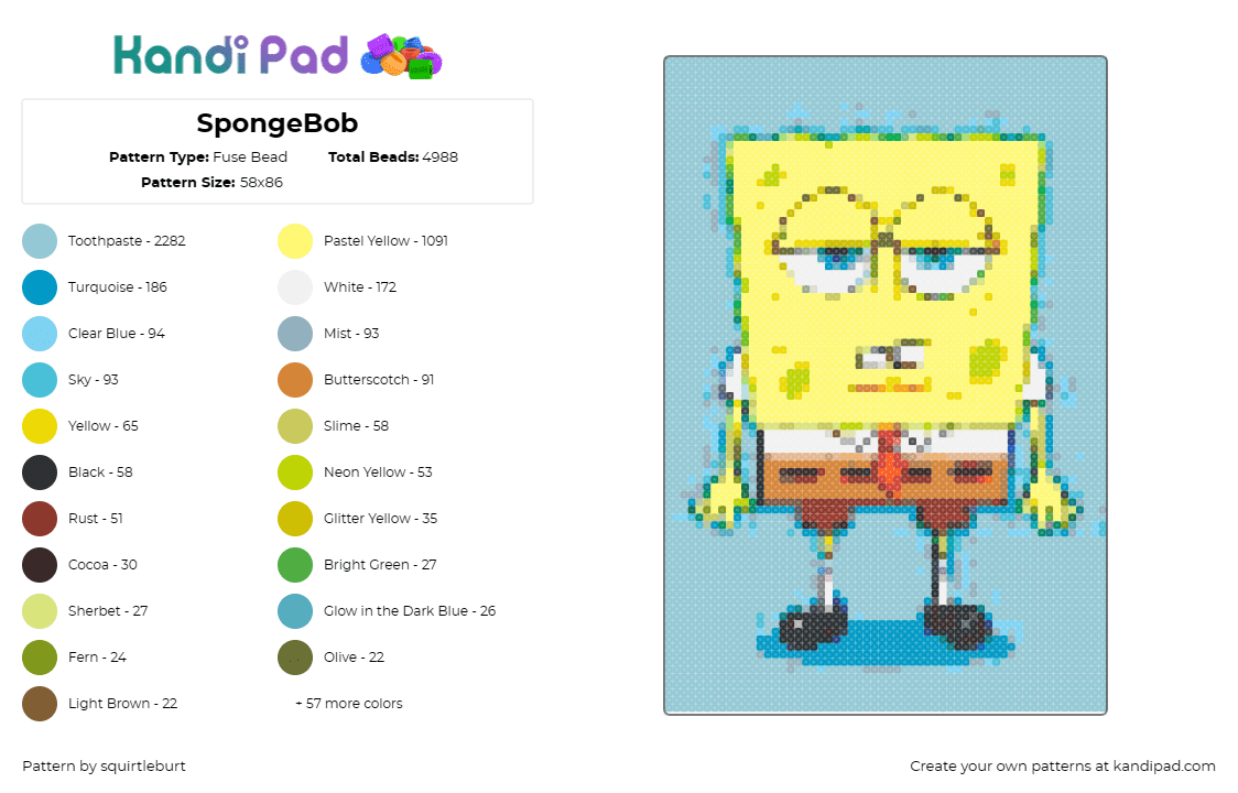 SpongeBob - Fuse Bead Pattern by squirtleburt on Kandi Pad - spongebob squarepants,nickelodeon,cartoon,character,tv show,funny,yellow