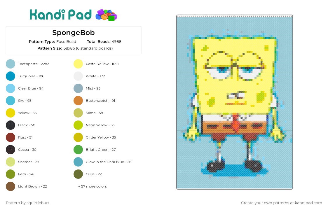 SpongeBob - Fuse Bead Pattern by squirtleburt on Kandi Pad - spongebob squarepants,nickelodeon,cartoon,character,tv show,funny,yellow