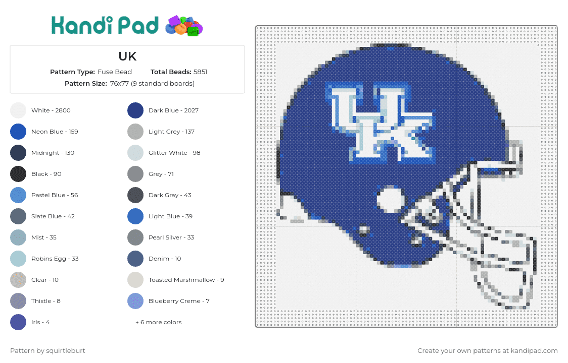 UK - Fuse Bead Pattern by squirtleburt on Kandi Pad - kentucky,wildcats,football,helmet,sports,university,college,blue,white