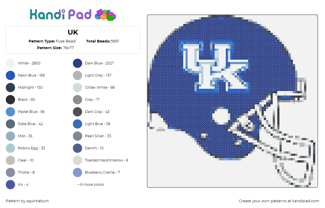 UK - Fuse Bead Pattern by squirtleburt on Kandi Pad - kentucky,wildcats,football,helmet,sports,university,college,blue,white