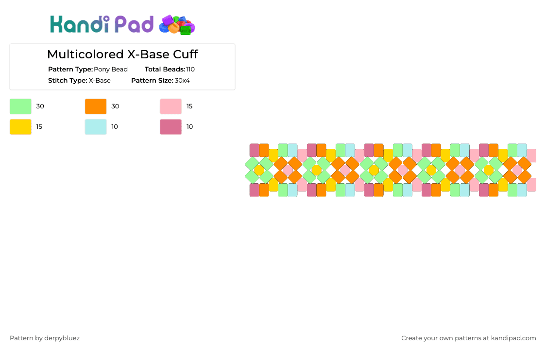 Multicolored X-Base Cuff - Pony Bead Pattern by derpybluez on Kandi Pad - pink,teal,orange,rainbow,spring