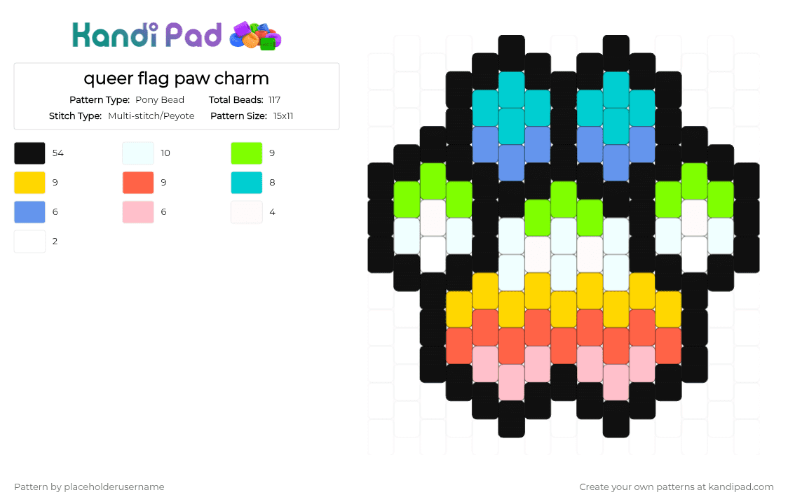 queer flag paw charm - Pony Bead Pattern by placeholderusername on Kandi Pad - black,light blue,yellow,colorful