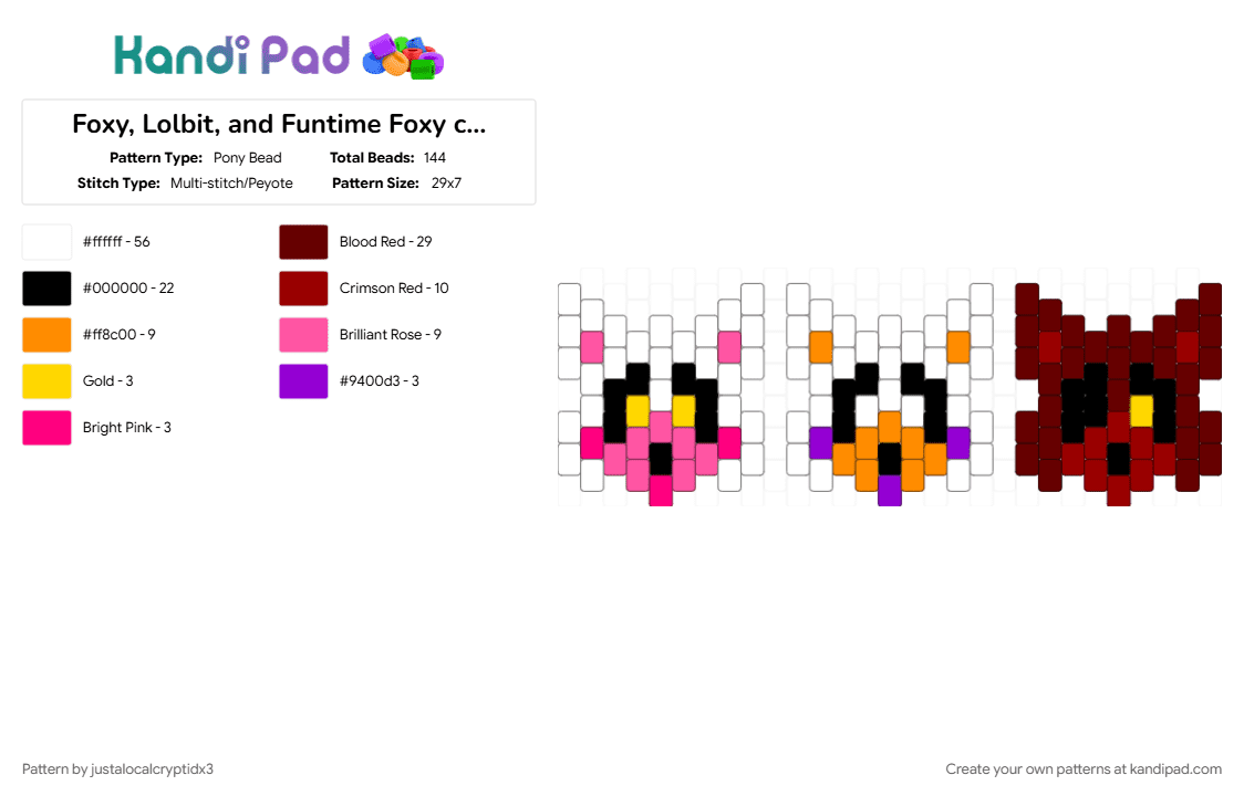 Foxy, Lolbit, and Funtime Foxy charms - Pony Bead Pattern by justalocalcryptidx3 on Kandi Pad - brown, pink, white
