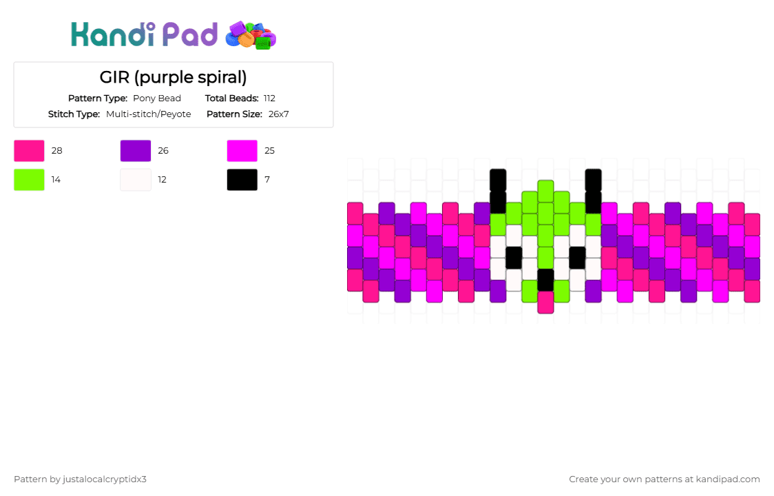 GIR (purple spiral) - Pony Bead Pattern by justalocalcryptidx3 on Kandi Pad - pink