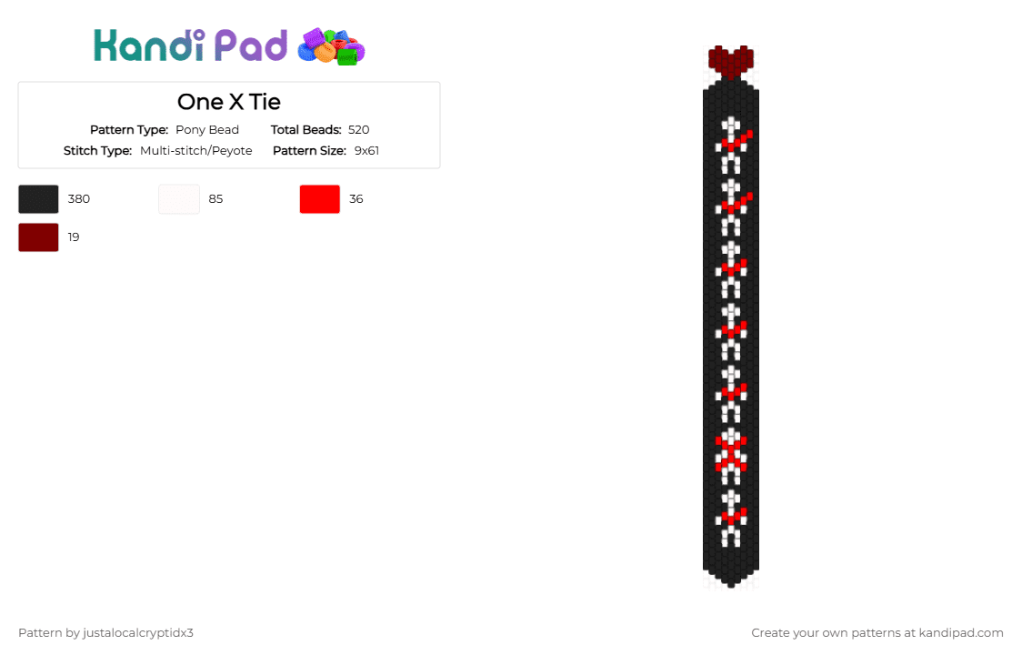 One X Tie - Pony Bead Pattern by justalocalcryptidx3 on Kandi Pad - black,white,brown,red