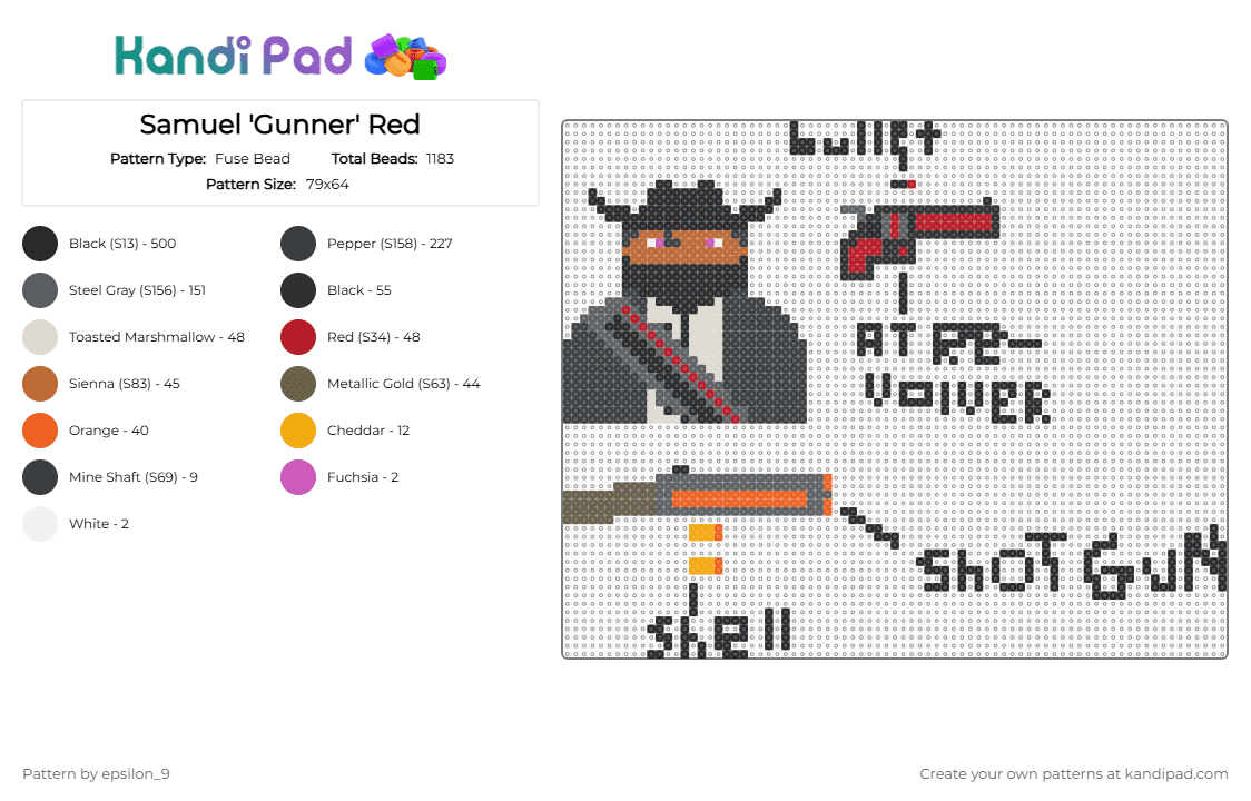 Samuel \'Gunner\' Red - Fuse Bead Pattern by epsilon_9 on Kandi Pad - black,tan,gray,cowboy,oc,scp,guns,gun,star wars,texas,sfw