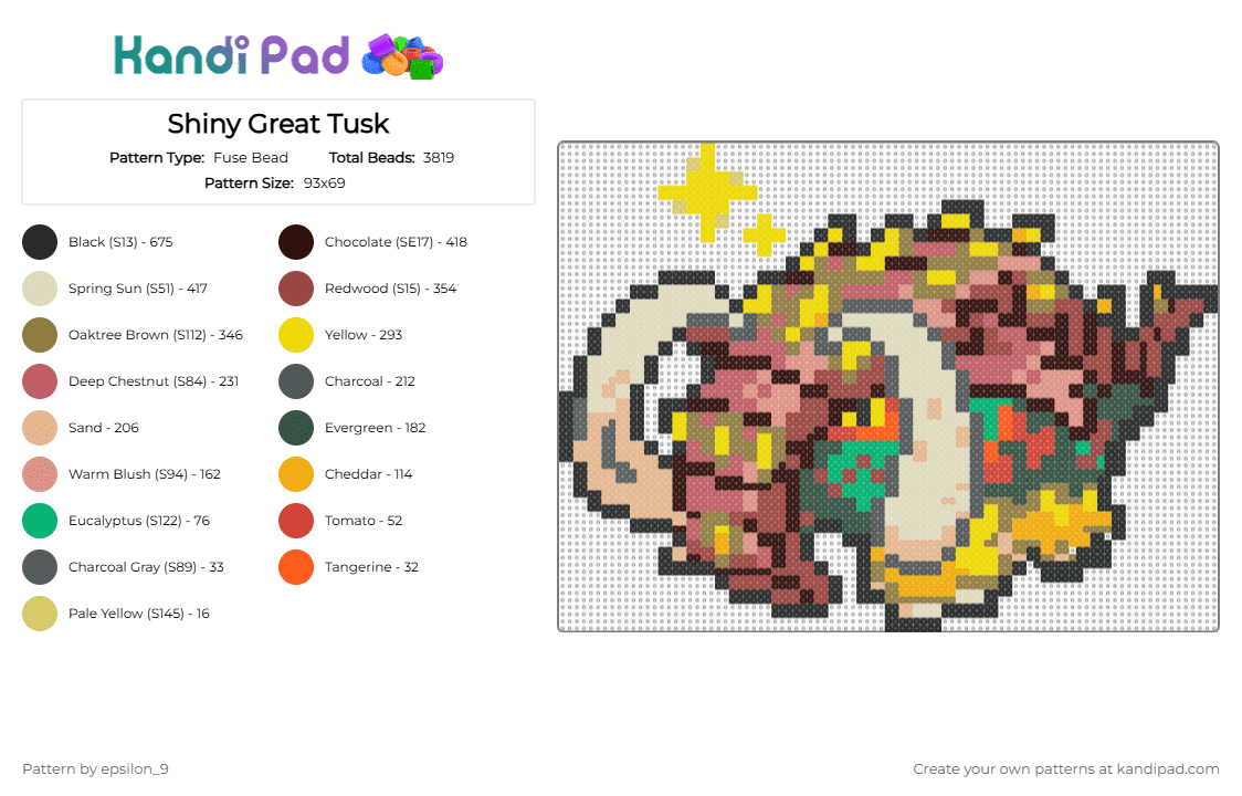 Shiny Great Tusk - Fuse Bead Pattern by epsilon_9 on Kandi Pad - red,beige,gold,colorful,great tusk,pokemon,oc,woolymamoth,dinosaur