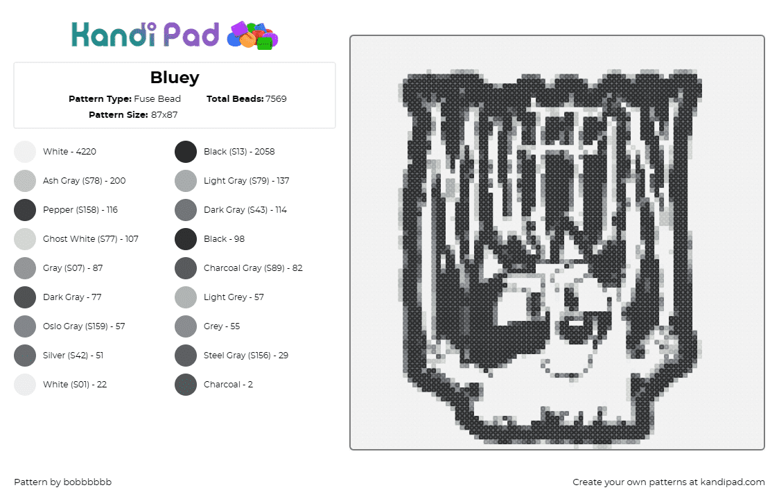 Bluey - Fuse Bead Pattern by bobbbbbb on Kandi Pad - muffin,bluey,metal,text,dog,cartoon,children,funny,white,black