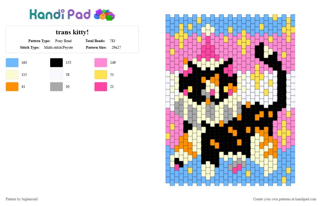trans kitty! - Pony Bead Pattern by biglemon0 on Kandi Pad - light blue,pink,trans,cat,pride,panel,bag
