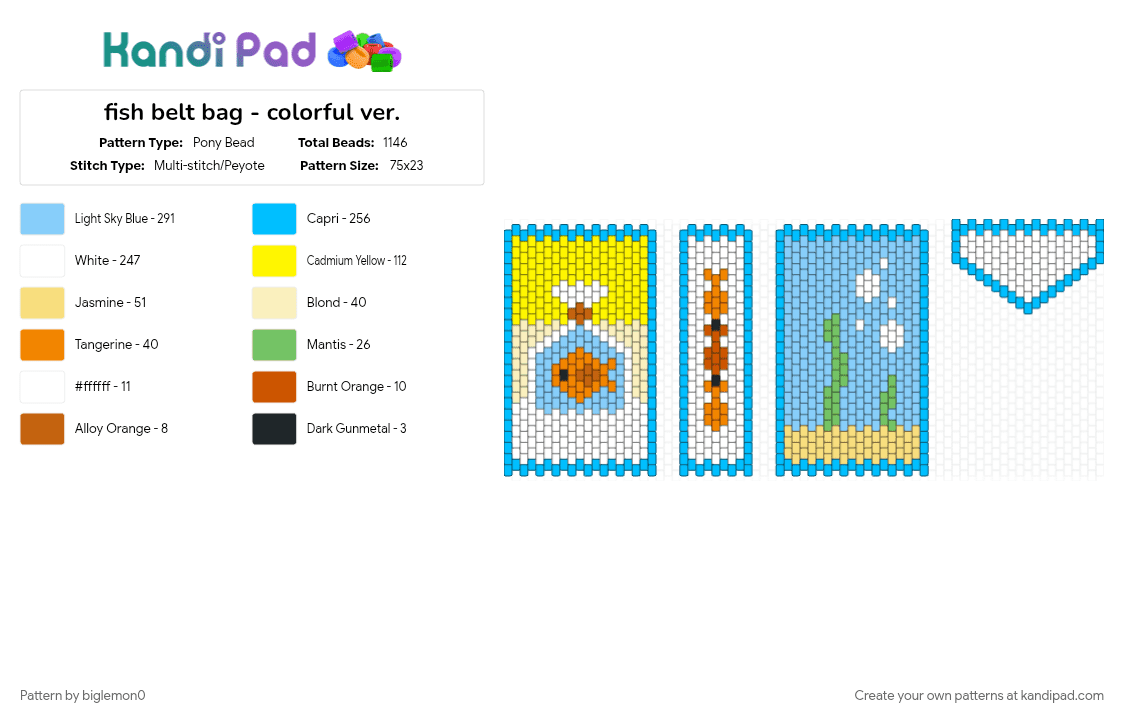 fish belt bag - colorful ver. - Pony Bead Pattern by biglemon0 on Kandi Pad - light blue, yellow