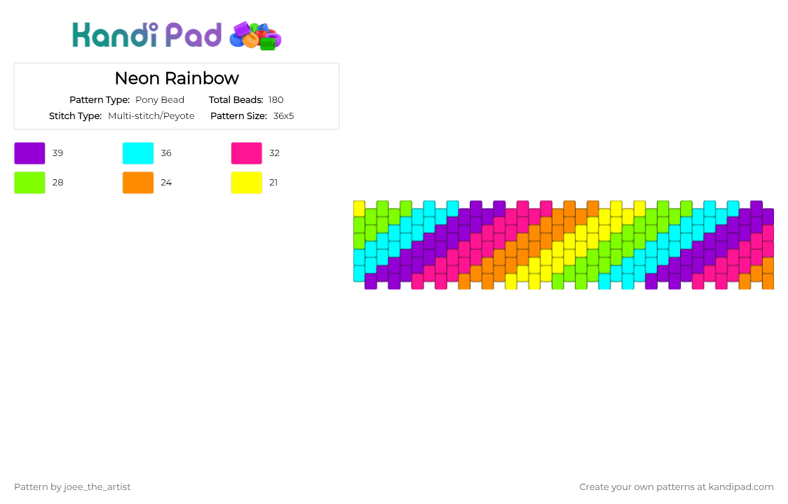 Neon Rainbow - Pony Bead Pattern by joee_the_artist on Kandi Pad - green,light blue,purple,pink