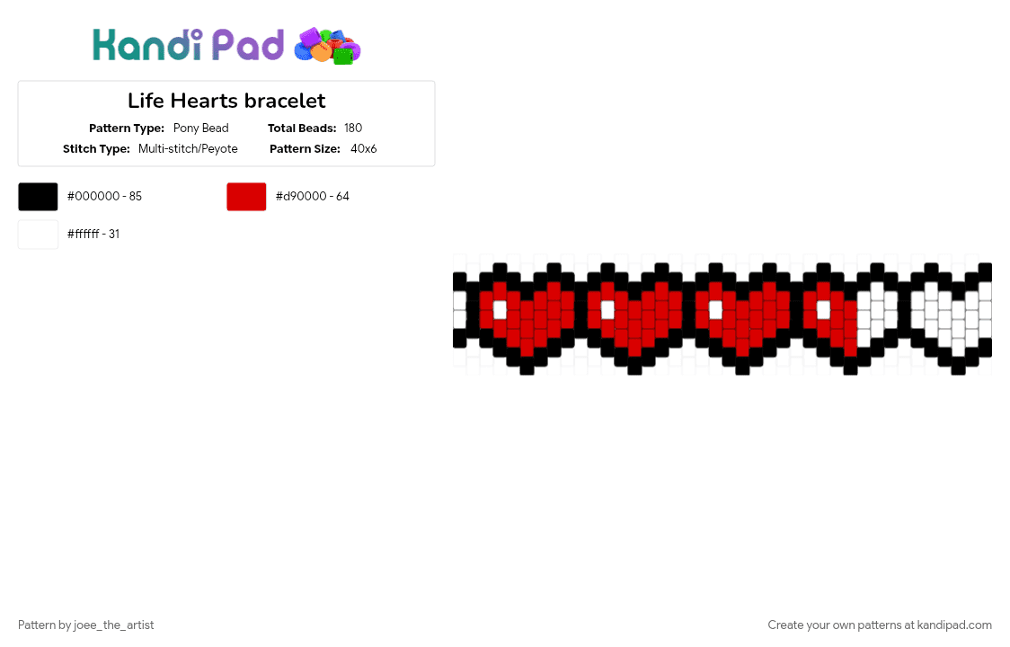 Life Hearts bracelet - Pony Bead Pattern by joee_the_artist on Kandi Pad - red, white