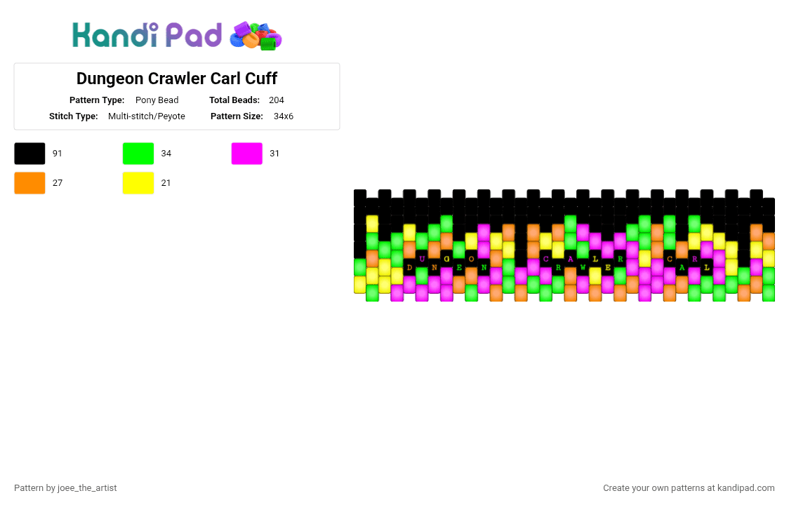 Dungeon Crawler Carl Cuff - Pony Bead Pattern by joee_the_artist on Kandi Pad - green, orange, pink