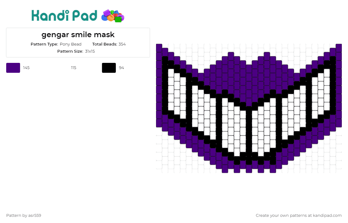 gengar smile mask - Pony Bead Pattern by asr559 on Kandi Pad - gengar,smile,pokemon,mask,teeth,character,spooky,purple,white