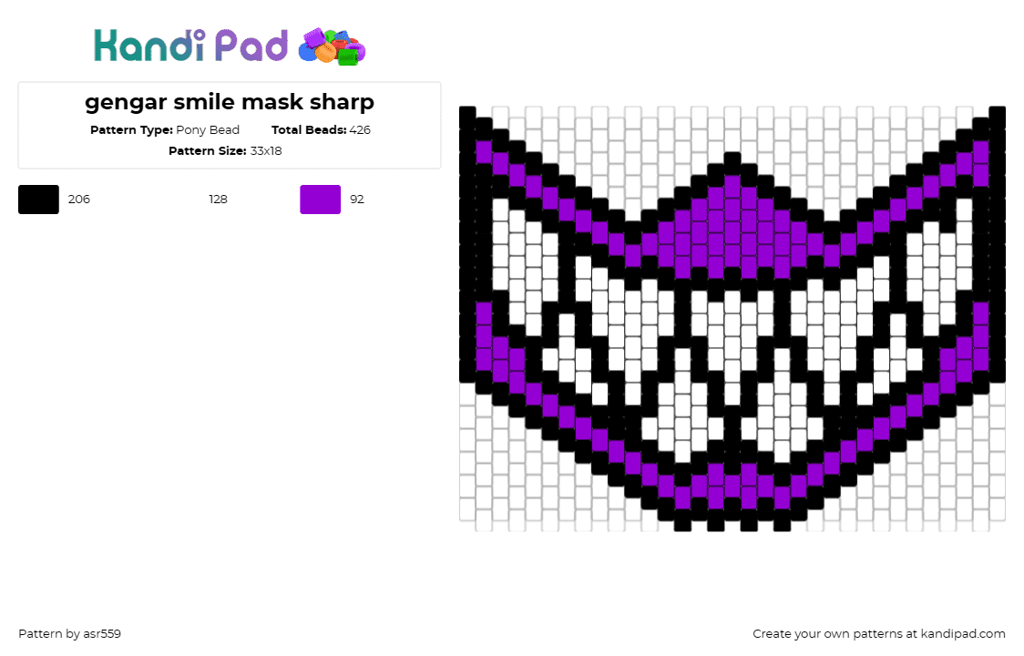 gengar smile mask sharp - Pony Bead Pattern by asr559 on Kandi Pad - gengar,smile,pokemon,mask,teeth,character,spooky,purple,white