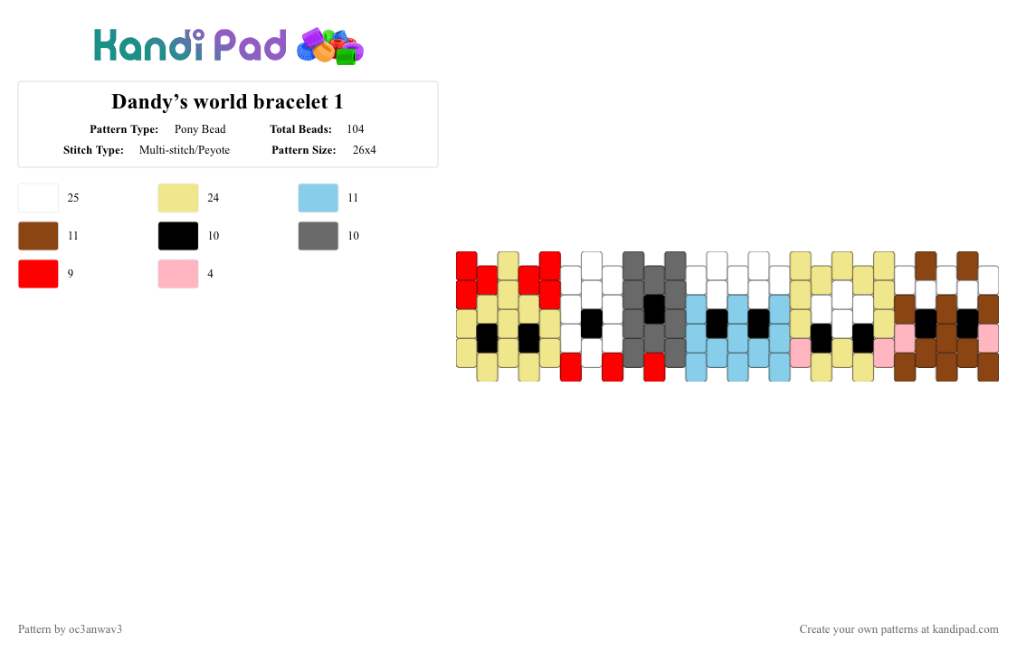Dandy’s world bracelet 1 - Pony Bead Pattern by oc3anwav3 on Kandi Pad - red,yellow,dandysworld,rnd,tisha,cosmo,scraps,glisten