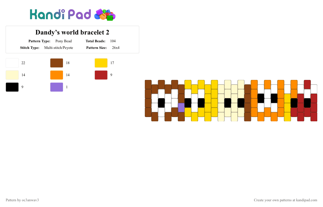 Dandy’s world bracelet 2 - Pony Bead Pattern by oc3anwav3 on Kandi Pad - red,yellow,dandysworld,rodger,teagan,shelly,shrimpo,brightney