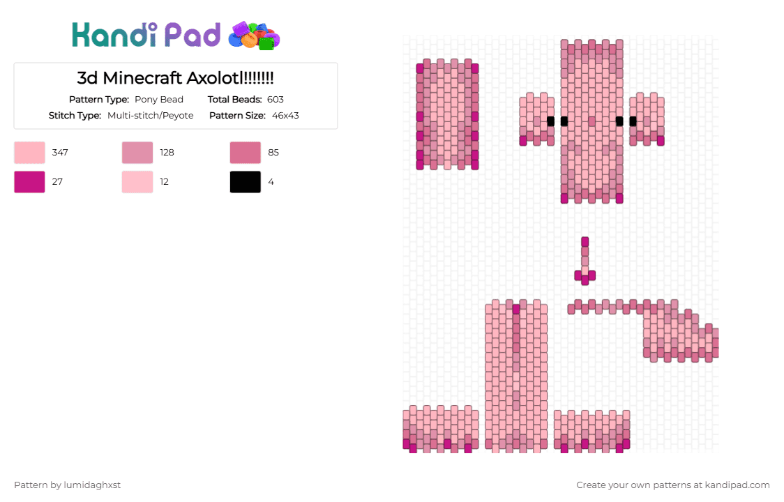 3d Minecraft Axolotl!!!!!!! - Pony Bead Pattern by lumidaghxst on Kandi Pad - pink,minecraft,axolotl,3d