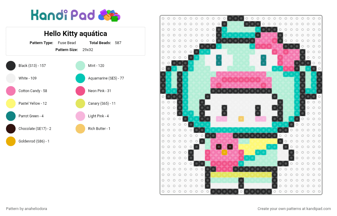 Hello Kitty aquática - Fuse Bead Pattern by anaheliodora on Kandi Pad - light blue,teal,pink