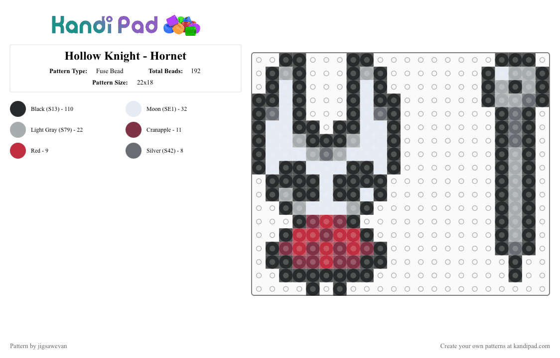 Hollow Knight - Hornet - Fuse Bead Pattern by jigsawevan on Kandi Pad - black, gray