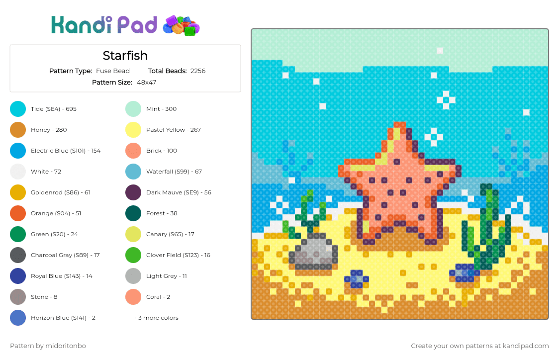 Starfish - Fuse Bead Pattern by midoritonbo on Kandi Pad - yellow,orange,light blue,cotdstarfish,animal,nature,colorful