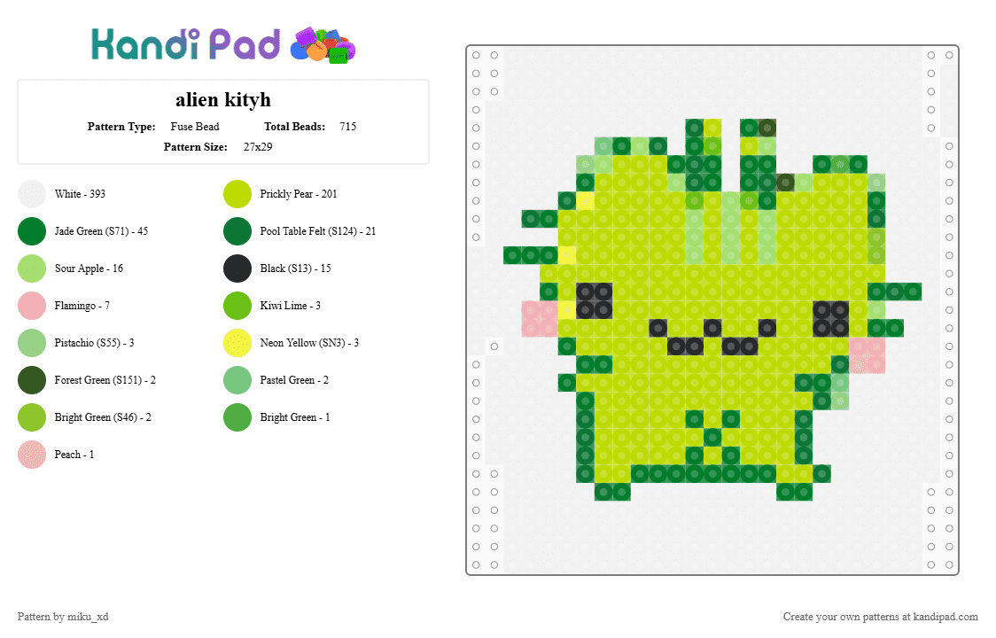 alien kityh - Fuse Bead Pattern by miku_xd on Kandi Pad - white,green