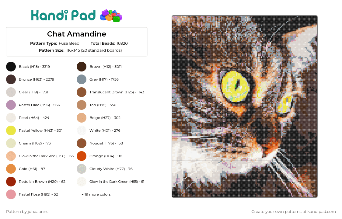 Chat Amandine - Fuse Bead Pattern by johaaanns on Kandi Pad - cat,portrait