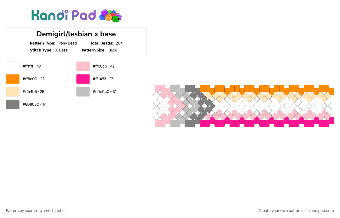 Demigirl/lesbian x base - Pony Bead Pattern by spamtonyumeshippher on Kandi Pad - beige, demisexual, flag, lesbian, pink, pride, xbase