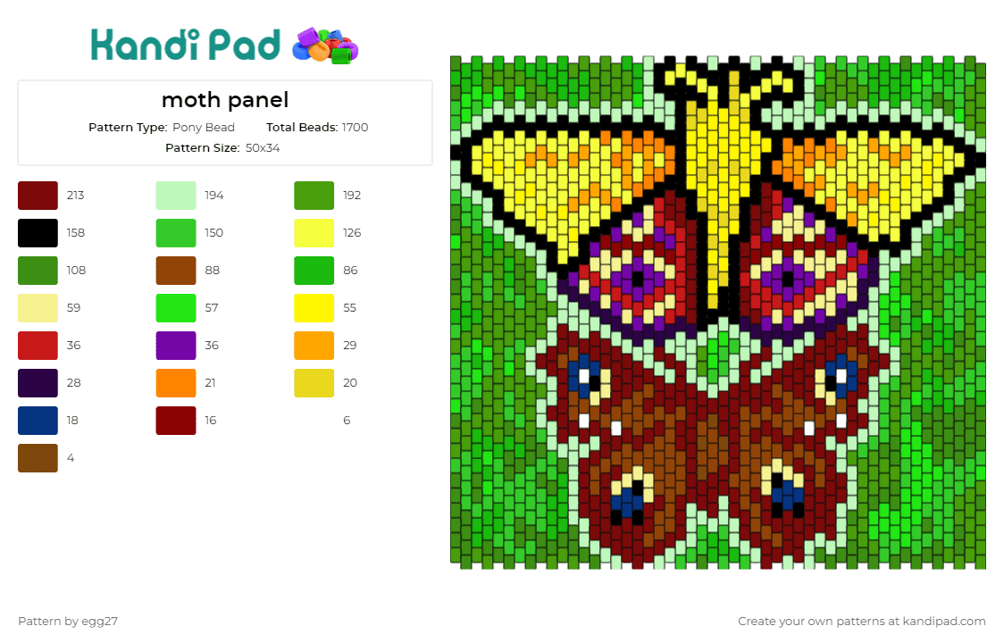 moth panel - Pony Bead Pattern by egg27 on Kandi Pad - butterfly,moth,earth,panel