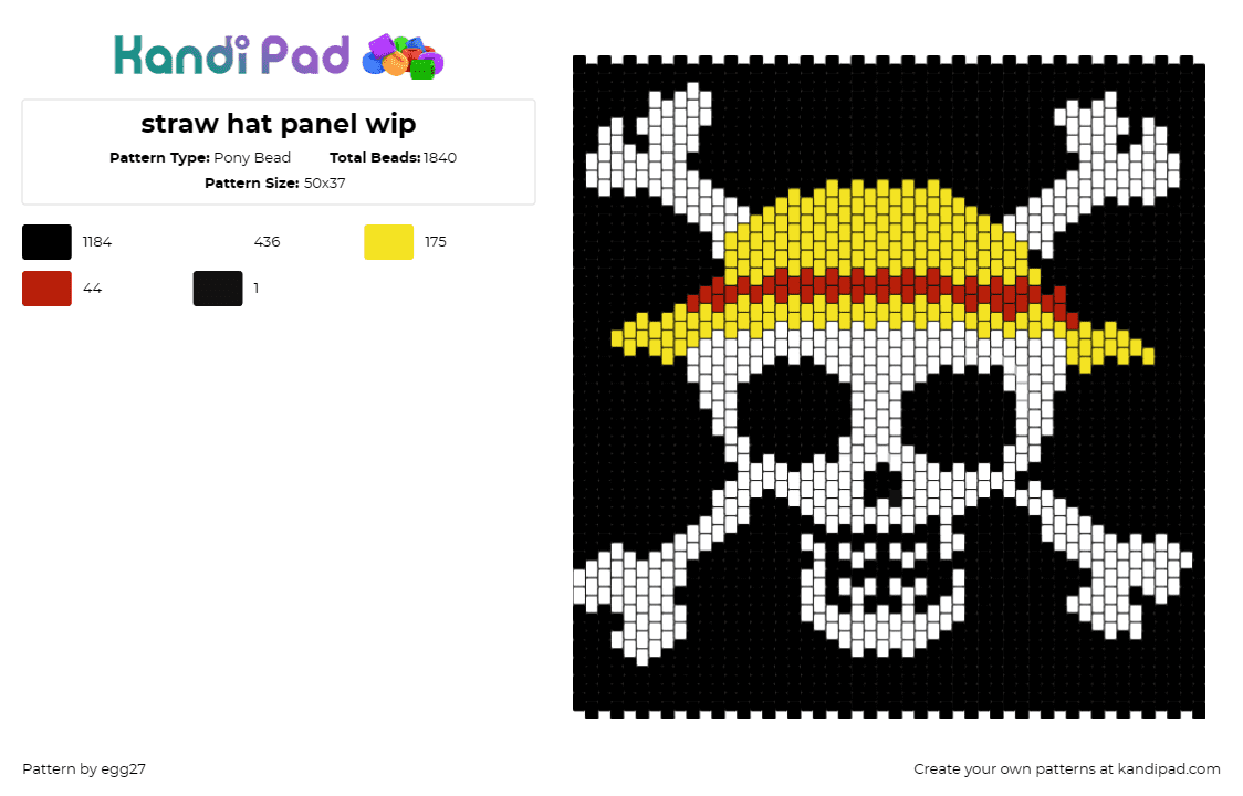 straw hat panel wip - Pony Bead Pattern by egg27 on Kandi Pad - one piece,straw hat,skeletons,skulls,anime,panel,pirate,adventure,treasure,black