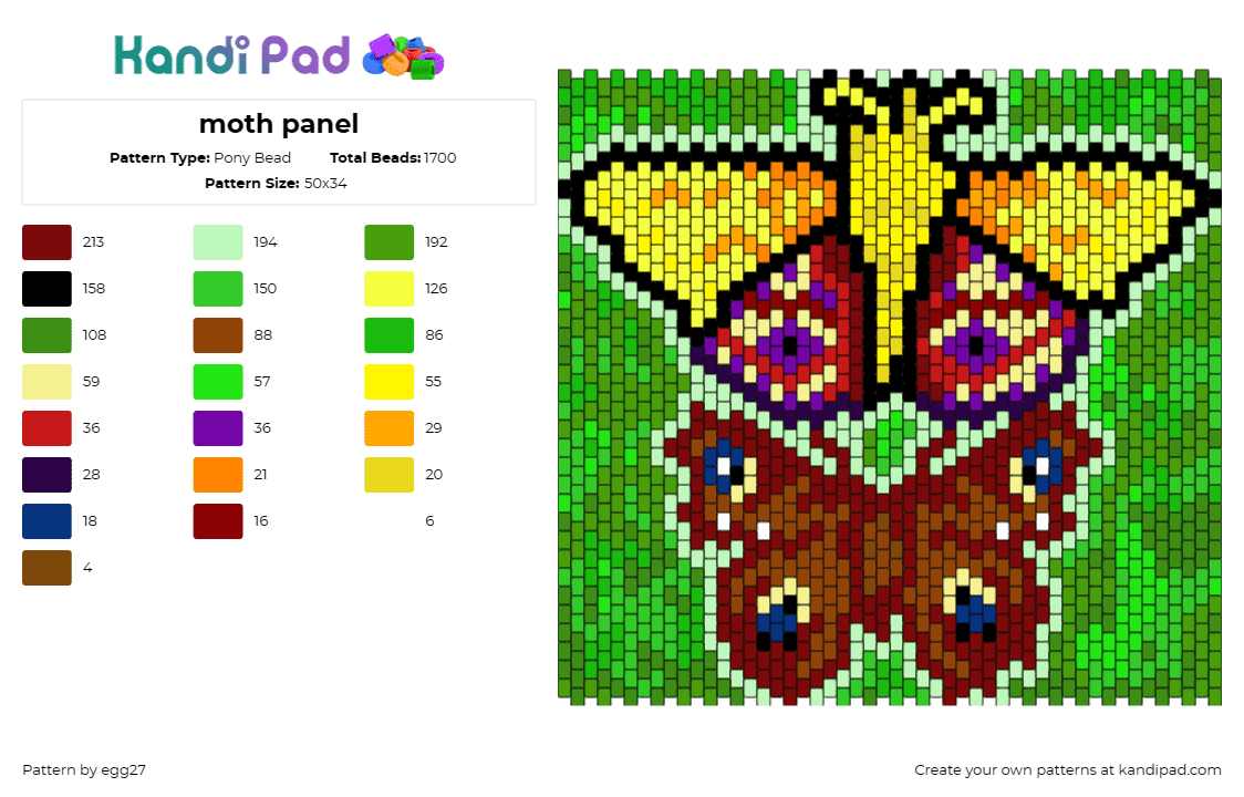 moth panel - Pony Bead Pattern by egg27 on Kandi Pad - moth,butterfly,insect,winged,colorful,nature,panel,yellow,brown,green