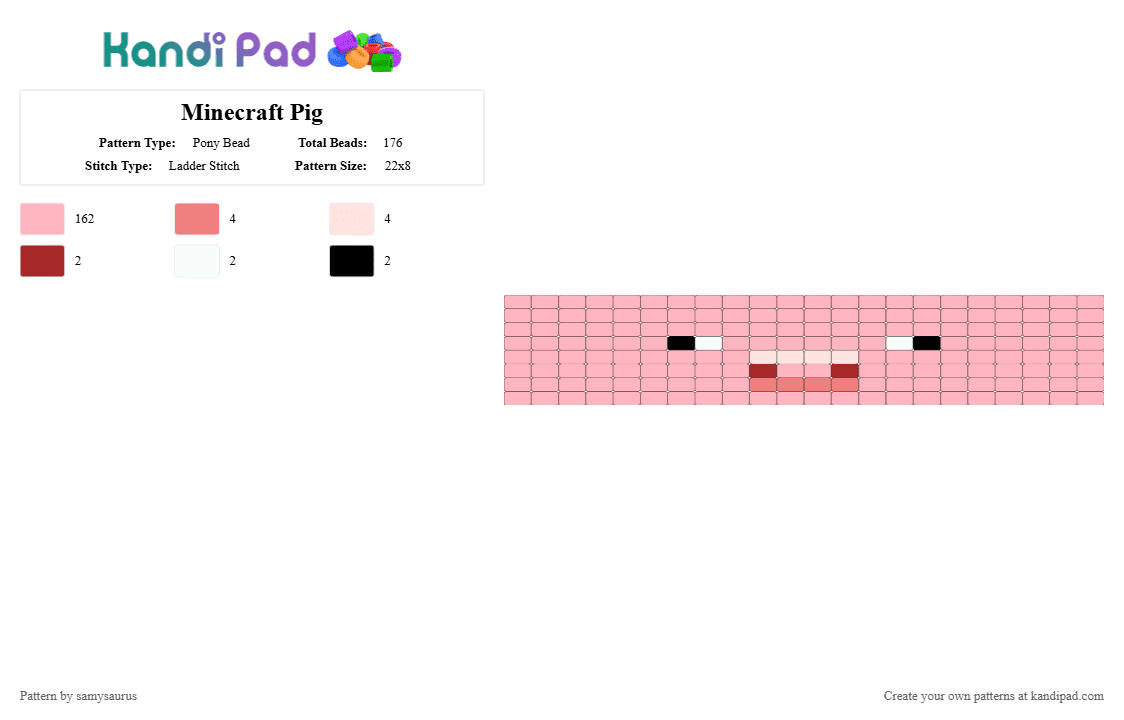 Minecraft Pig - Pony Bead Pattern by samysaurus on Kandi Pad - pink,minecraft,pig,pixel,easy,6color,6,6bead