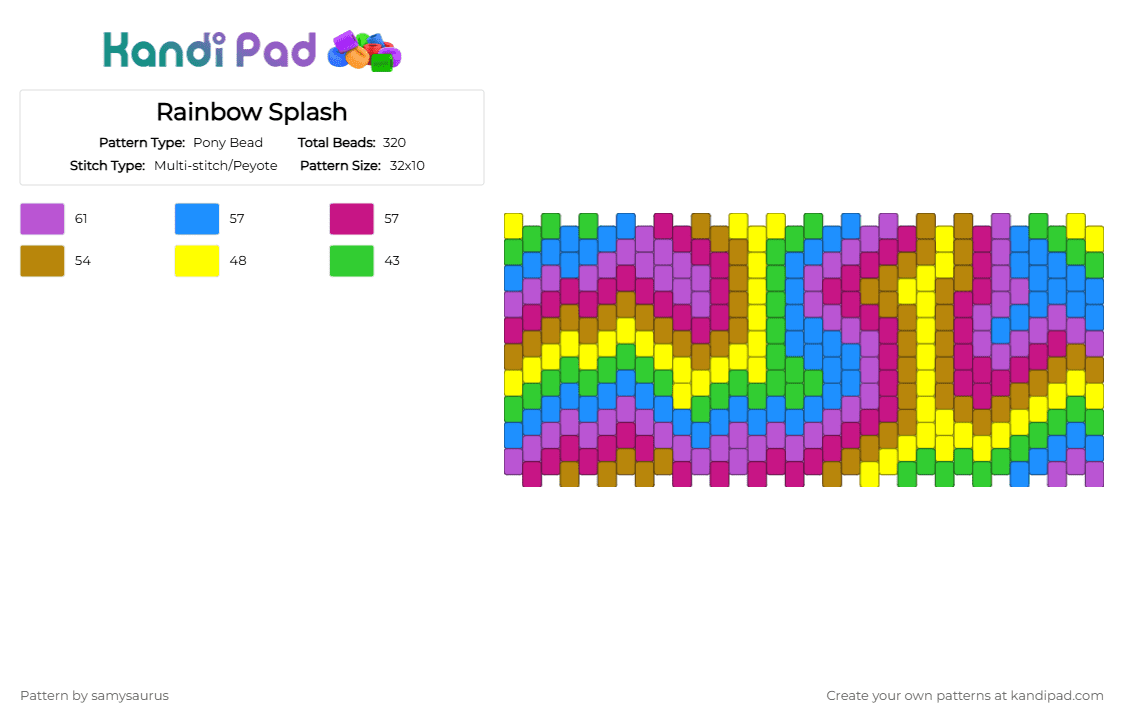 Rainbow Splash - Pony Bead Pattern by samysaurus on Kandi Pad - pink,splash,rainbow,6color,6,six,colorful,peyote,easy