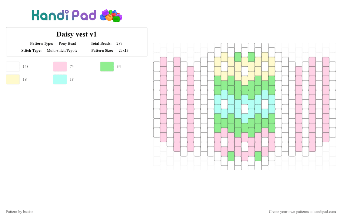 Daisy vest - Pony Bead Pattern by bsoiso on Kandi Pad - white,pink,teal