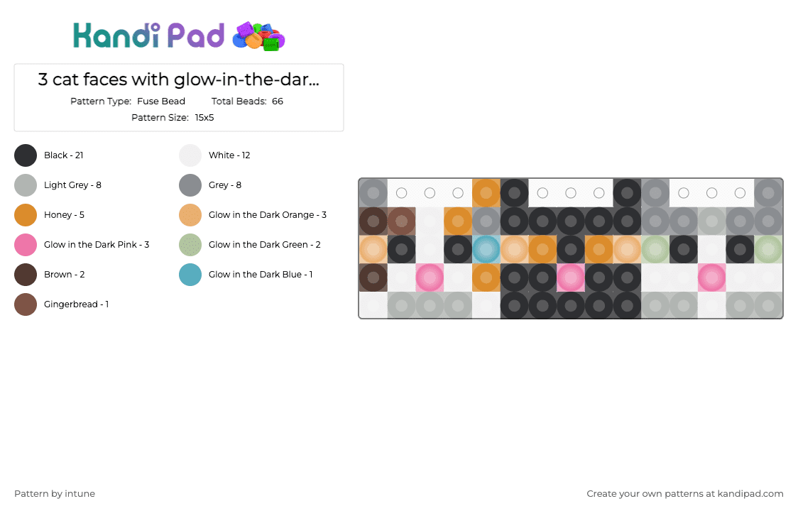3 cat faces with glow-in-the-dark eyes and noses - Fuse Bead Pattern by intune on Kandi Pad - orange,beige,gray