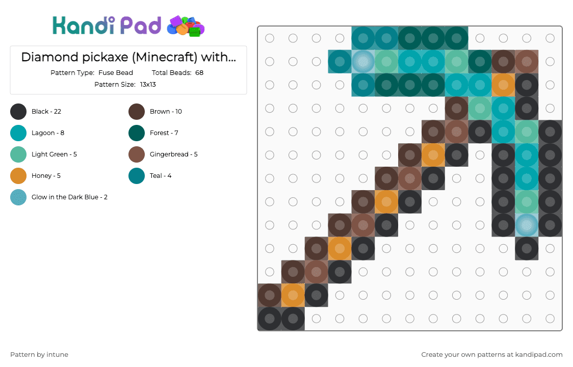 Diamond pickaxe (Minecraft) with Glow-In-The-Dark Blue tips - Fuse Bead Pattern by intune on Kandi Pad - teal,gray,brown