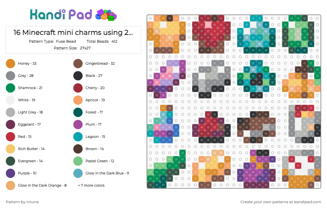 16 Minecraft mini charms using 28 colors - Fuse Bead Pattern by intune on Kandi Pad - orange,red,teal,pink,colorful,minecraft,mini charms,29x29