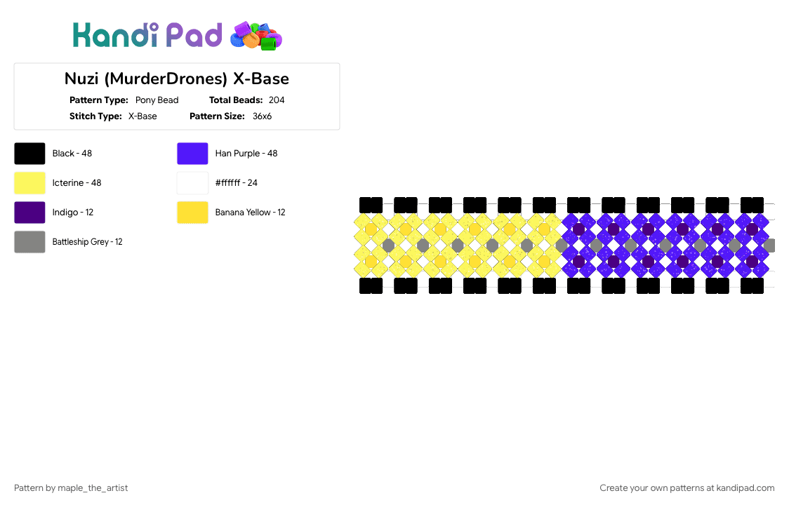 Nuzi (MurderDrones) X-Base - Pony Bead Pattern by maple_the_artist on Kandi Pad - purple, yellow