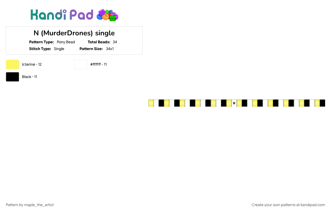 N (MurderDrones) single - Pony Bead Pattern by maple_the_artist on Kandi Pad - white, yellow