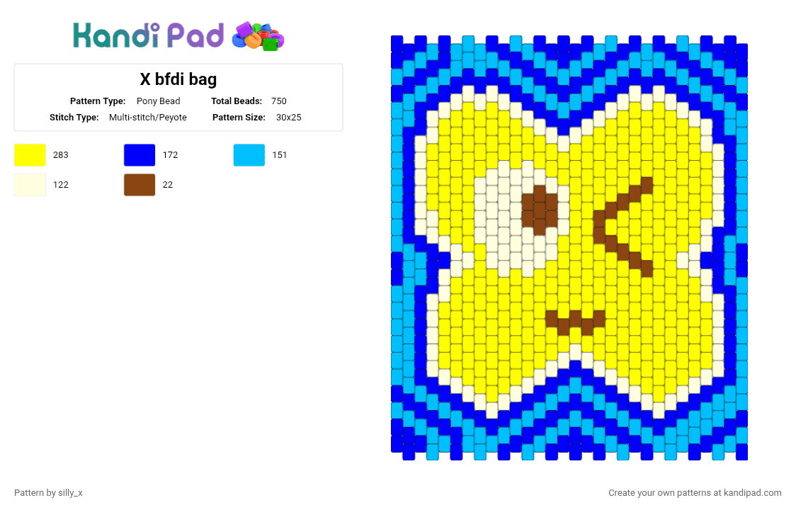 X bfdi bag - Pony Bead Pattern by silly_x on Kandi Pad - yellow,purple,light blue