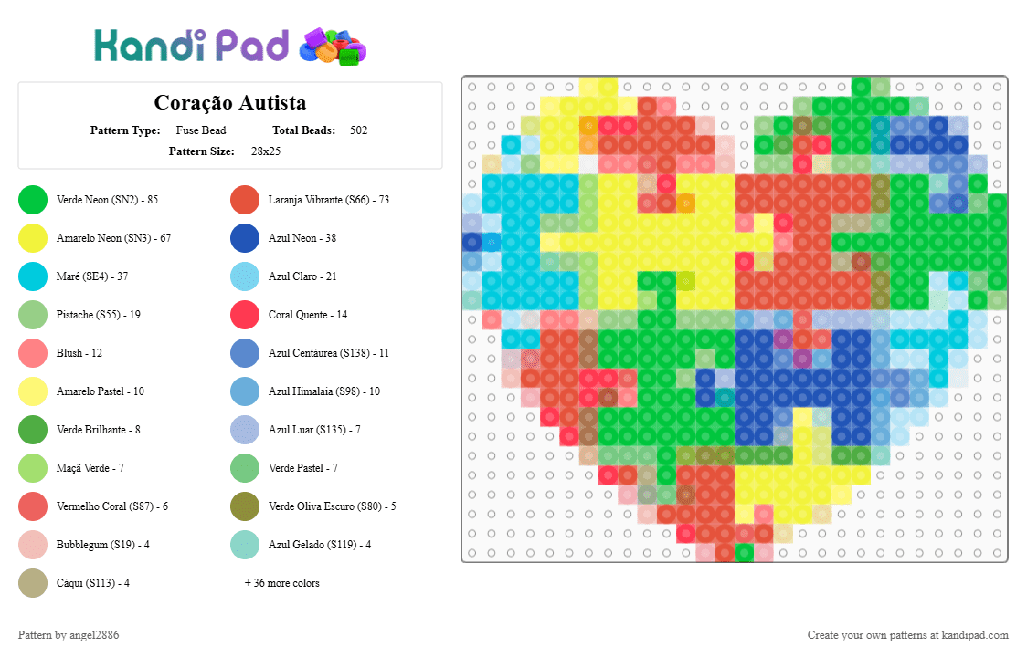 Coração Autista - Fuse Bead Pattern by angel2886 on Kandi Pad - colorful, green, light blue, red, yellow