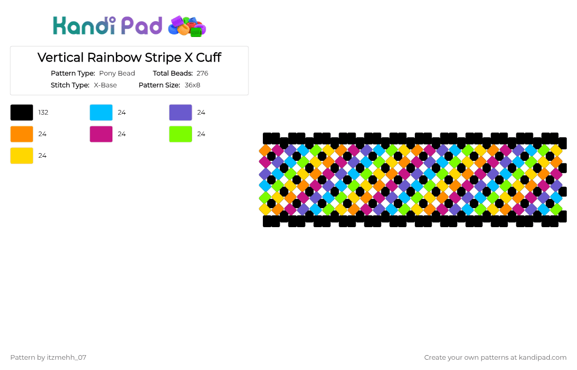 Vertical Rainbow Stripe X Cuff - Pony Bead Pattern by itzmehh_07 on Kandi Pad - black,blue,pink,yellow,colorful
