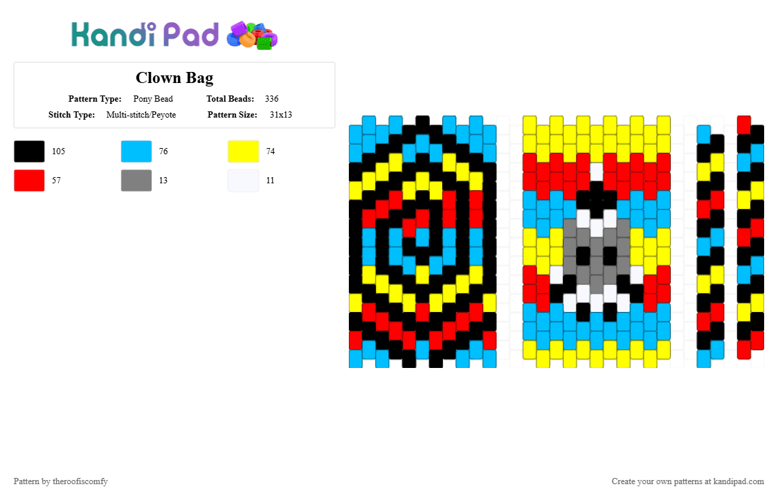 Clown Bag - Pony Bead Pattern by theroofiscomfy on Kandi Pad - light blue,yellow,red,clown,circus,primary,cat,clown cat
