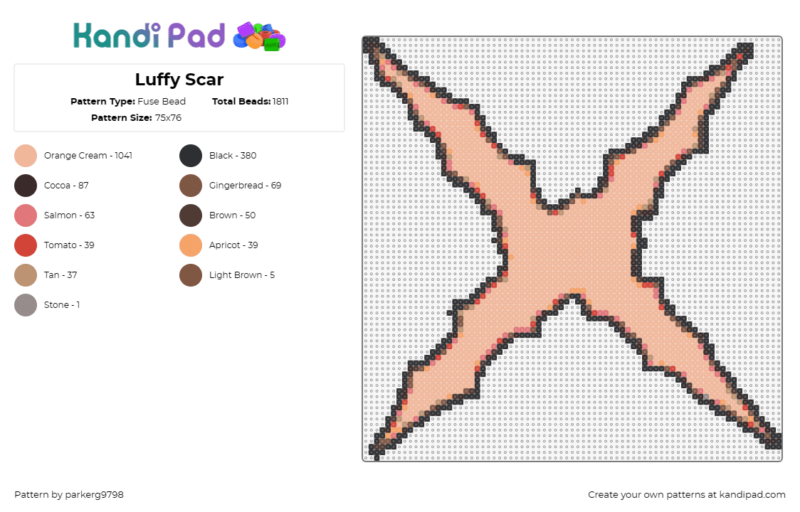 Luffy Scar - Fuse Bead Pattern by parkerg9798 on Kandi Pad - scar,x,monkey d luffy,one piece,anime,beige