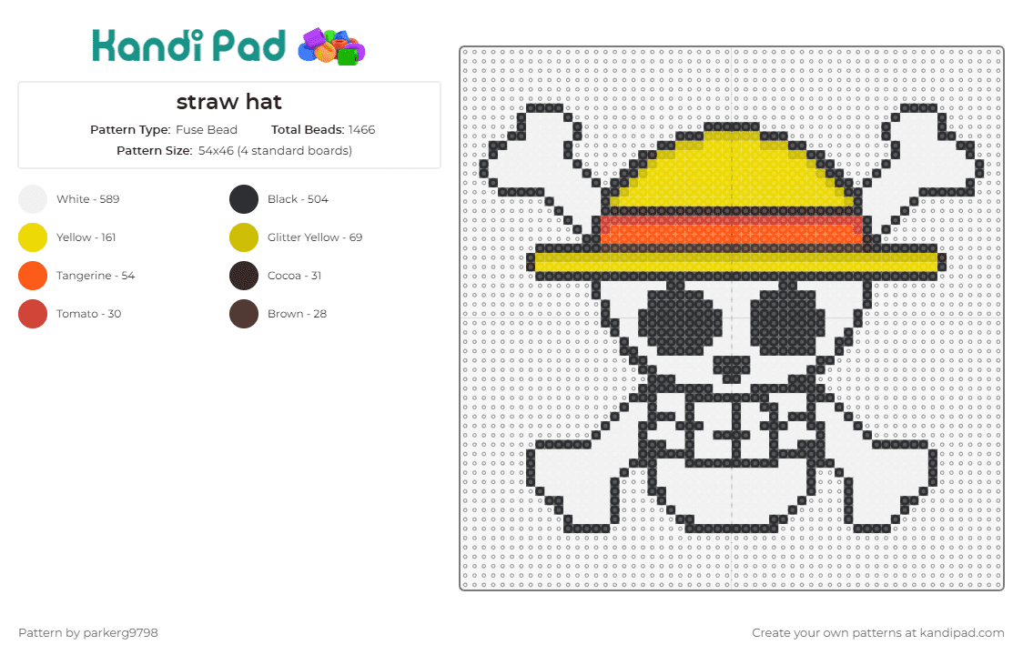 straw hat - Fuse Bead Pattern by parkerg9798 on Kandi Pad - straw hat crew,jolly roger,one piece,skull,crossbones,anime,symbol,skeleton,white,yellow