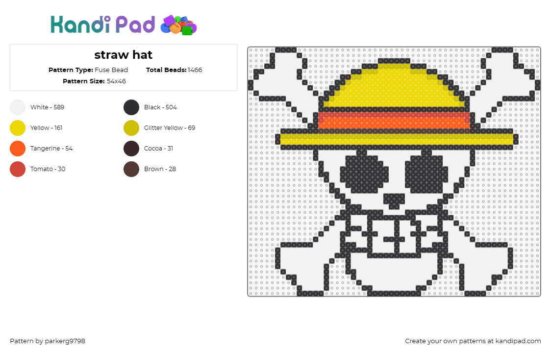 straw hat - Fuse Bead Pattern by parkerg9798 on Kandi Pad - straw hat crew,jolly roger,one piece,skull,crossbones,anime,symbol,skeleton,whit