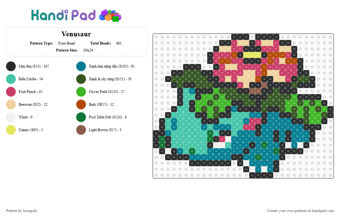 Venusaur - Fuse Bead Pattern by luongchi on Kandi Pad - green,pink,gold,teal
